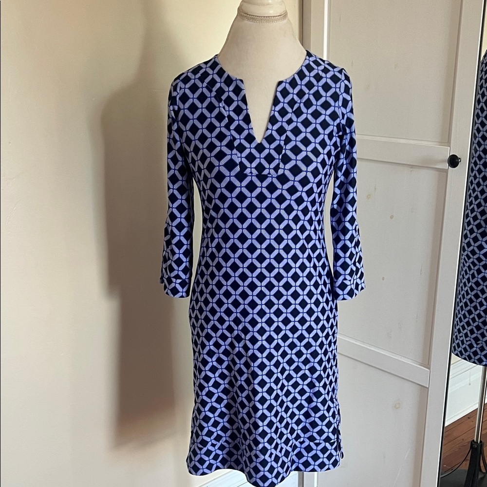Jude Connally Blue Geometric Print Shift Dress - Size XS - Made in USA